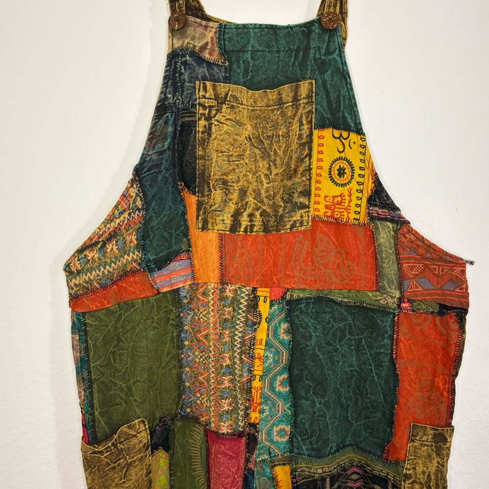 Boho Patchwork Wide Leg Jumpsuit Overalls 100% Cotton - Picture 6 of 16